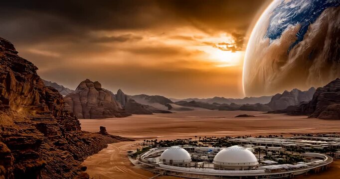 Mars surface with domed settlements connected by enclosed walkways red desert landscape distant Earth visible in sky golden hour lighting establishing shot perspective