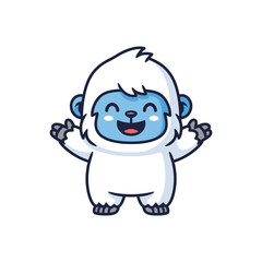 Cute happy baby yeti cartoon character with open arms.