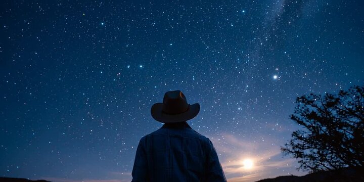 Stargazing at night with silhouette of a person looking at the stars and constellations in the sky
