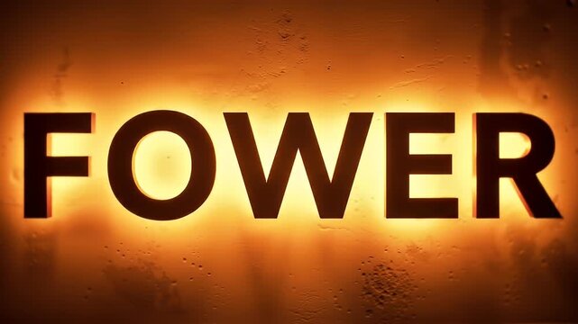 Backlit text reads 'FOWER' in bold, dark letters against a glowing orange background