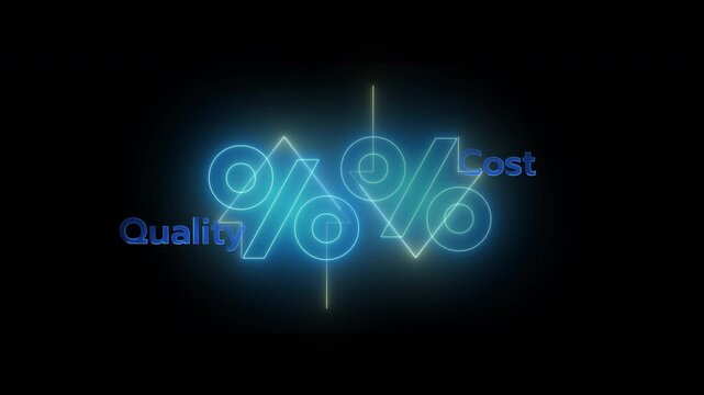 Quality control and company cost reduction. Cost and quality control concept. Successful organization strategy and management. Percentage icon of quality with up arrow and cost with down arrow.