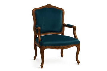 Antique blue armchair featuring intricate wood frame, showcasing elegant upholstery against transparent backdrop, ideal for design rendering