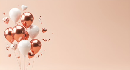 Elegant Rose Gold and White Balloons with Confetti for Festive Celebrations on a Soft Peach Background.