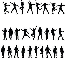 Dance silhouette, people dancing, man woman dancer, hip hop, modern dance, party celebration, group performance, movement, fitness, rhythm, energy illustration