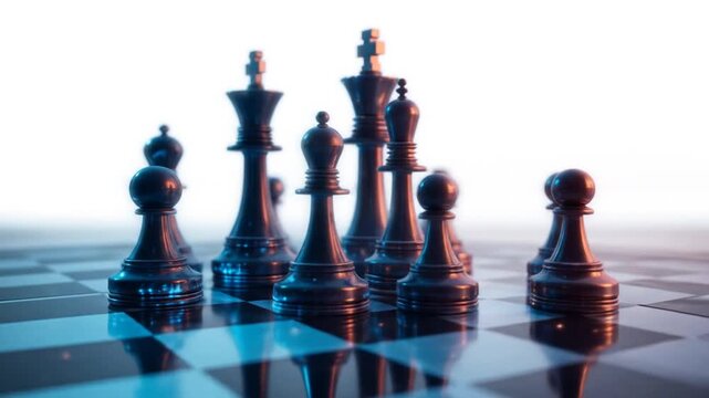 Digital chess pieces on a glowing background, strategic game concept isolated on a white background. 4k video