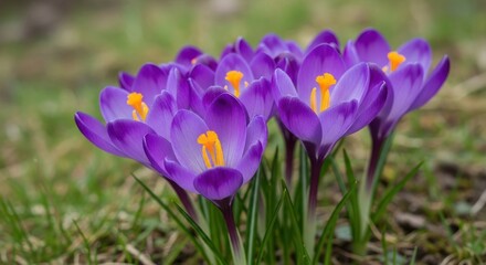 Vibrant Purple Crocus Flowers with Golden Stamens Blooming in Fresh Spring Grass