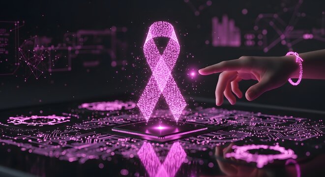A digital rendering of a pink ribbon of breast cancer awareness. 