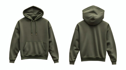 Army green hoodie mockup showcasing front and back views, ideal for apparel design, branding, e-commerce, and promotional visuals on white background
