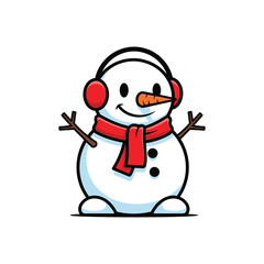 Smiling Snowman in Red Headphones and Scarf.