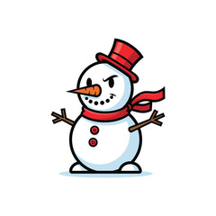 Grumpy snowman with red hat and scarf ready for winter season.