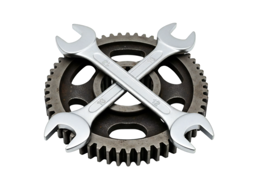 Crossed wrenches atop a gear, symbolizing mechanical repair, engineering, and precision in a modern industrial setting
