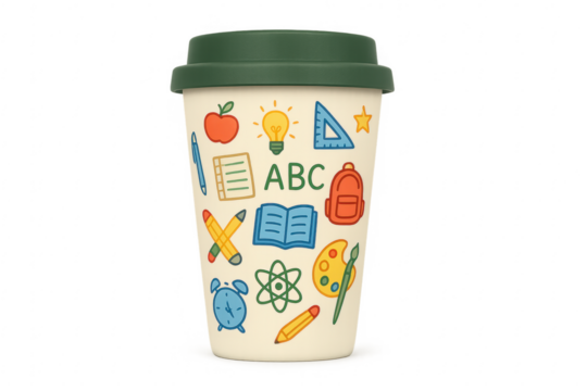 Coffee cup decorated with school supplies celebrating education on transparent background