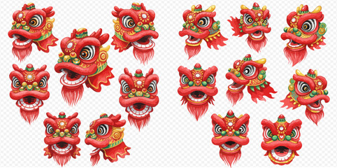 A collection of vibrant red lion dance head illustrations, showcasing various angles and expressions. © studio
