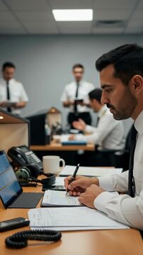 Focused male airline pilot in uniform working at a desk, preparing a flight plan in the operations office.