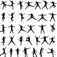 Silhouette people jumping, men and women in action poses, fitness workout movement, celebration joy illustration, active lifestyle energy concept