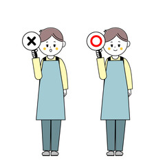 丸とバツの札を持つエプロン姿の男性のイラスト
