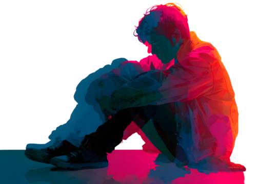 Depressed man sitting on floor on transparent backgrund. Mental health concept Depression, bipolar disorer, obsessive compulsive, ost traumatic stress disorer.