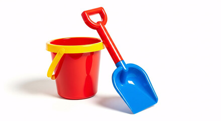 Fototapeta premium A red and yellow bucket with a blue and red shovel on a white background in a studio setting