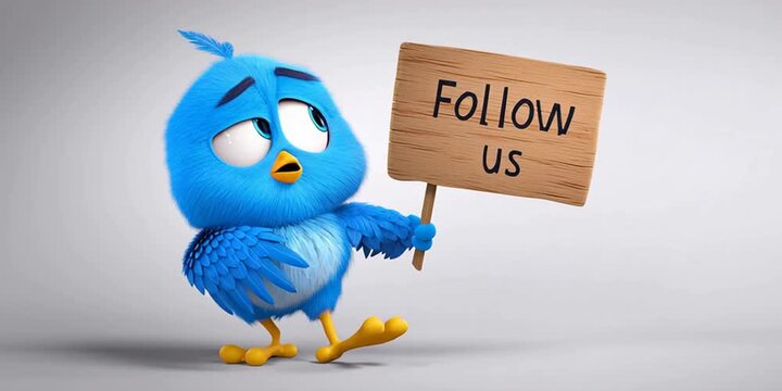 cute fat and fluffy 3D animated bird holding up sign with text "Follow Us"
