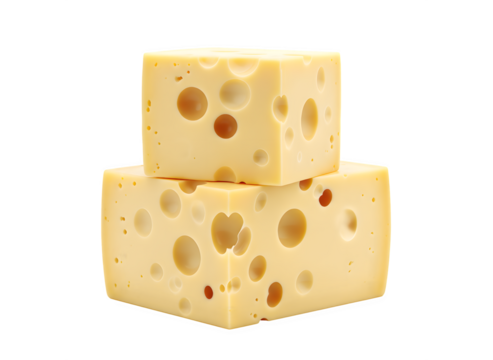Two slices of emmental cheese stacked on top of one another, set against a white background.