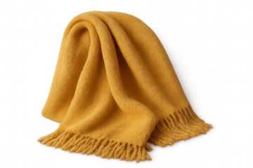 Soft yellow fringed blanket folding over white surface, providing warmth and textural comfort for home decor and design projects
