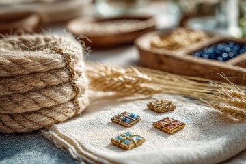Naklejka premium Rustic Scene Featuring Handcrafted Jewelry with Natural Textures and Warm Colors, Complemented by Artisan Materials and Accents, Capturing the Essence of Handmade Crafts