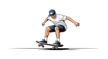 Obraz premium Cartoon illustration of a teenager performing a skateboard trick in midair