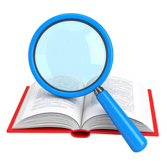 Open book under a magnifying glass suggests research learning and the pursuit of knowledge.