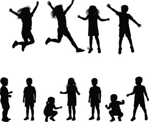 Silhouette children jumping and playing, active kids in motion, happy childhood activities, outdoor fun, energy, lifestyle, friendship, playful movement, exercise