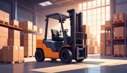 A modern orange and black forklift sits inside a spacious warehouse with shelves filled with cardboard boxes. Bright light streams in through large windows, creating an efficient and organized work 
