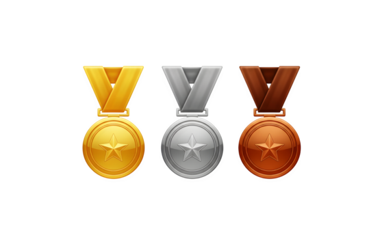 3D vector medal icon collection. Gold, silver, and bronze sports awards for champions. Prize badge illustration rendered and isolated on a white background.