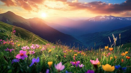 Obraz premium mountain valley filled with colorful wildflowers and soft grasses. Majestic mountains rise in the background, their peaks covered in snow on blurred background