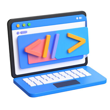 Blue laptop with colorful code on screen