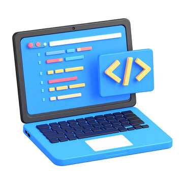 3D illustration of a light blue laptop with code displayed on the screen and a coding icon