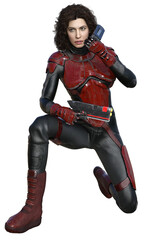 Obraz premium Futuristic Brunette Woman wearing Red and Black Sci-Fi Armor Holding a Gun and Speaking into a Communicator on Transparent Background
