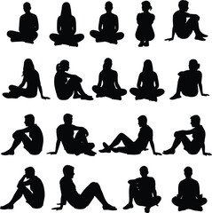 Sitting people silhouettes, men and women vector poses, cross legged sitting, casual posture illustration, meditation sitting design, relaxing figure art