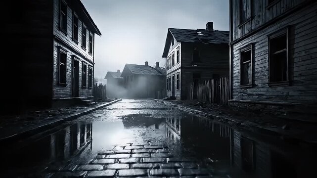 Misty street scene with old buildings and cobblestone road