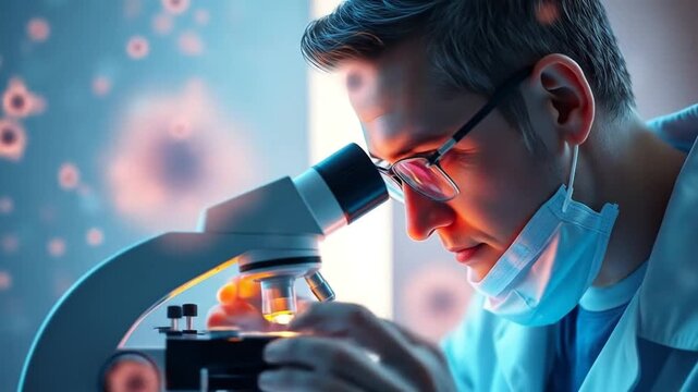 doctor analyzes bacteria microscopic close-up. 3D rendering , 4k video