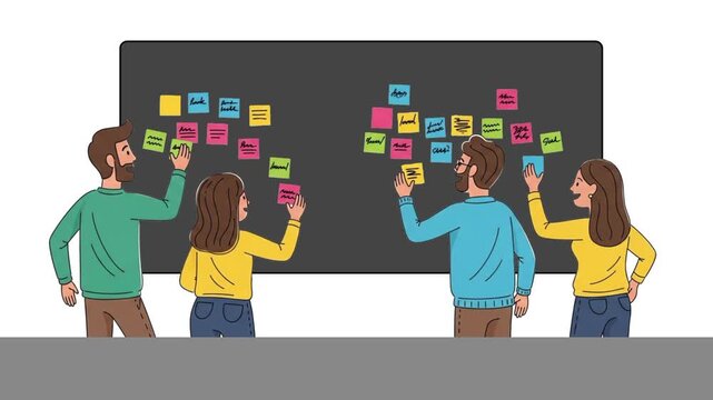 group of people sitting around a round table discussing, whiteboard with charts in the background, hand-drawn flat style vector animation