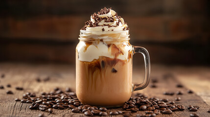 Iced coffee with whipped cream and chocolate shavings in a mason jar mug