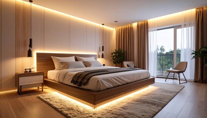 A calm and comfortable modern bedroom with hidden LED lighting that creates a warm atmosphere.  Minimalist design with a wooden platform bed, bedside tables, and lamps
