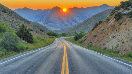 Naklejka premium Sunrise Mountain Road Trip.