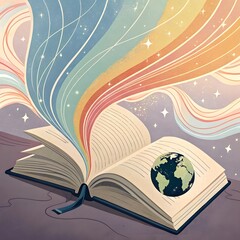 Naklejka premium Magic open book with glowing light and globe