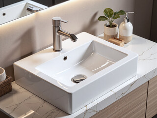 Fototapeta premium A beige bathroom sink with a white ceramic basin and a matte silver faucet, beige and metallic accents add warmth and sophistication to the bathroom.