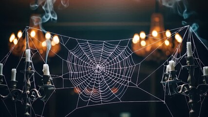 Spooky spiderweb with candles and chandeliers creating a mysterious Halloween ambiance - Powered by Adobe