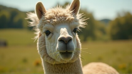 Fluffy White Alpaca Eating Grass in Sunny Green Pasture