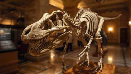 Fossil dinosaur skeleton displayed in a grand museum hall.