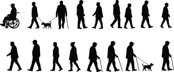 Silhouette people walking, elderly man with cane, woman, person in wheelchair, walking dog, urban lifestyle, disability, mobility, diversity, community