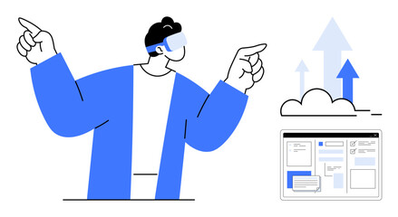 Person wearing VR headset pointing upward, rising arrows, cloud icon, and interface elements. Ideal for technology, innovation, future trends, productivity, analytics virtual reality simple flat