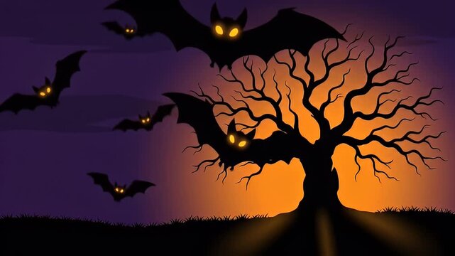Silhouette of bats and bare tree against gradient orange and purple sky